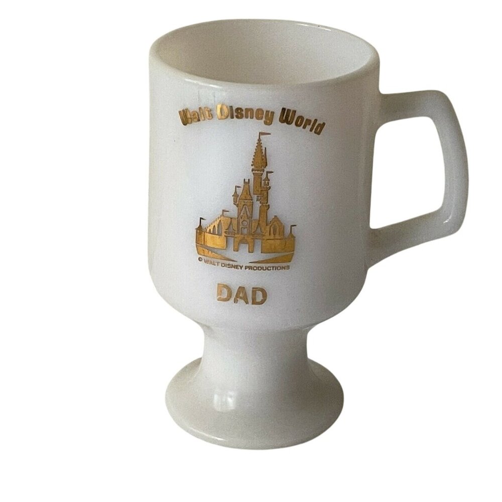 Vintage Walt Disney World Dad Milk Glass Pedestal Mug White Gold Letters